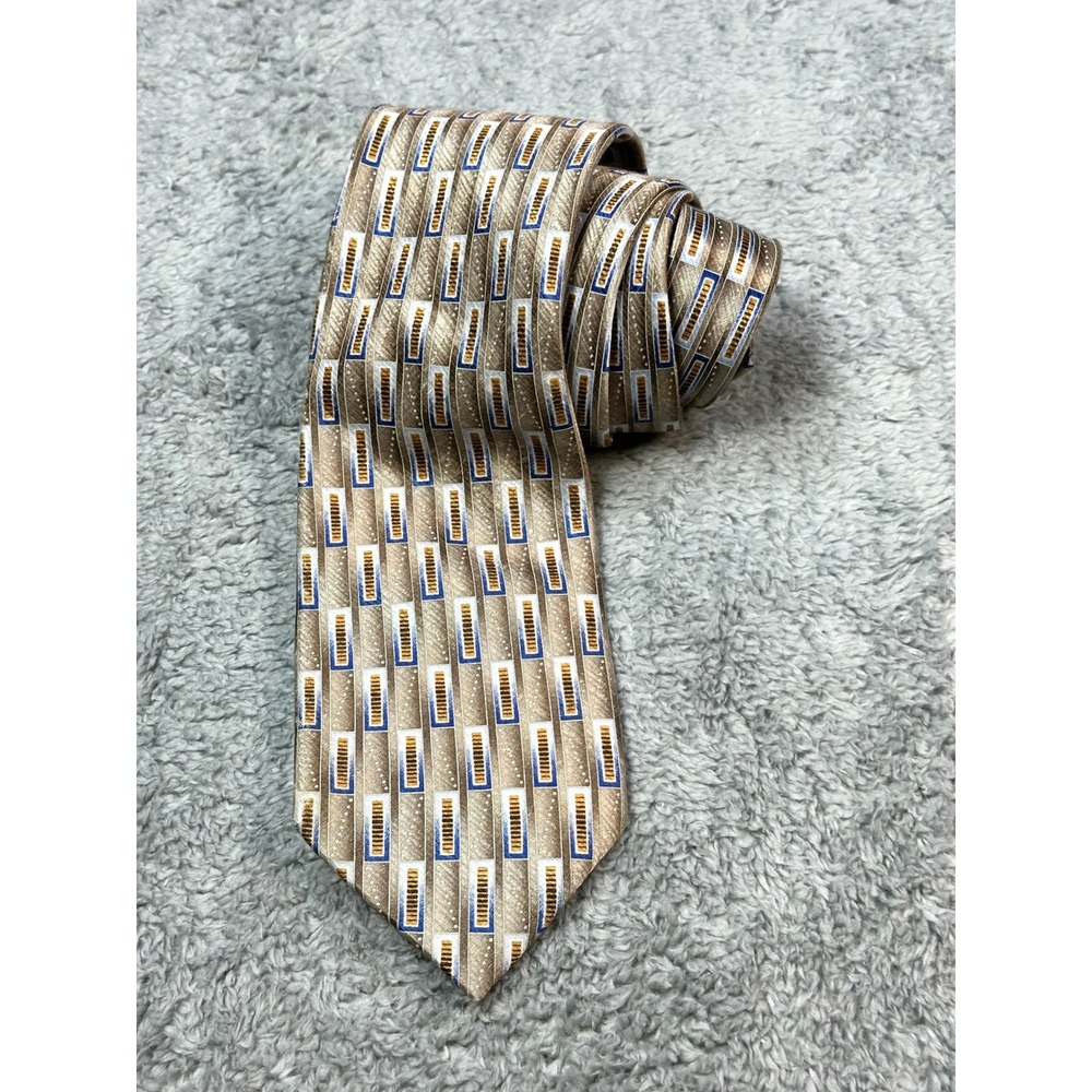 Jos A Bank Silk Tie necktie‎ tan green geometric extra long
